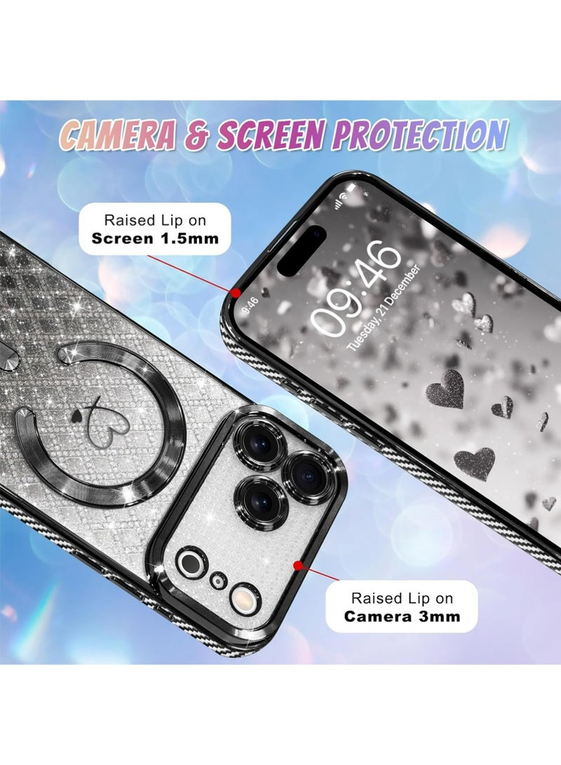 PULUZ Compatible with iPhone 17 Pro Case Support for MagSafe, Plating Heart Glitter Magnetic Checkered Case TPU Camera Protection Back Cover for Girls Women -Black - Image 3