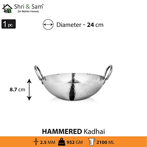 Shri & Sam Stainless Steel 2.1 Litre Triply Deep Pro Light Weight Hammered Kadhai, 24 cm, 952 Grams - Image 2