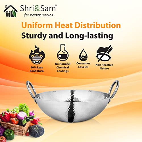 Shri & Sam Stainless Steel 2.1 Litre Triply Deep Pro Light Weight Hammered Kadhai, 24 cm, 952 Grams - Image 4