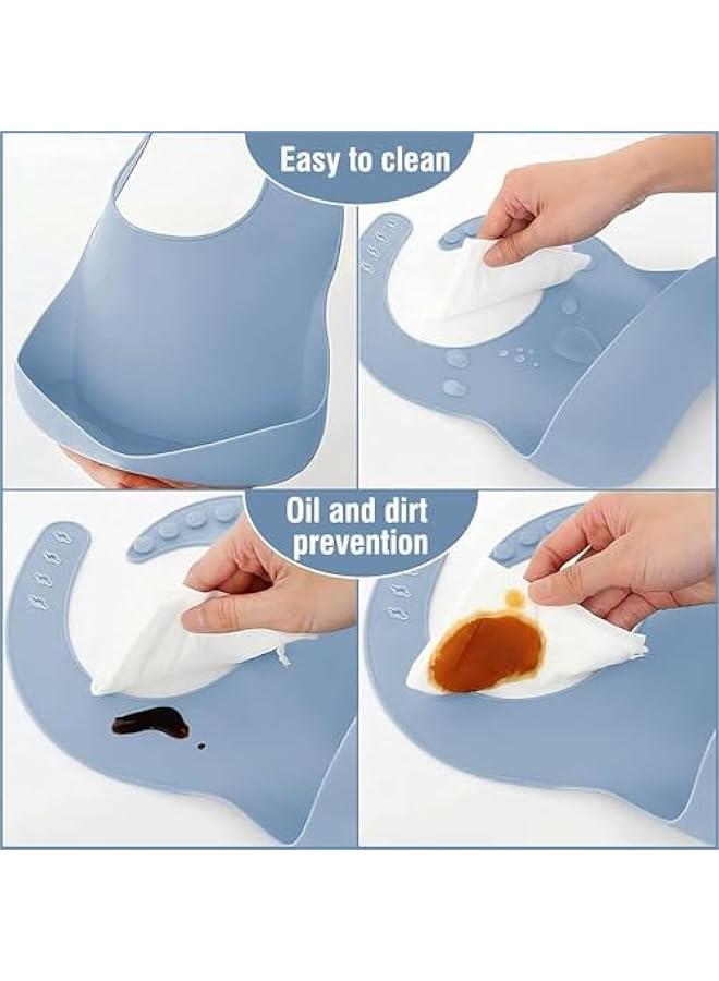 هوكور طقم أدوات تناول طعام سيليكون للأطفال من سابولف، مستلزمات فطام للأطفال، طبق مقسم بقاعدة لاصقة، مجموعة أطباق تغذية ذاتية، ملاعق وشوك وكوب بفوهة شفط مضاد للانسكاب ومريلة قابلة للتعديل (أزرق ورمادي) - Image 3