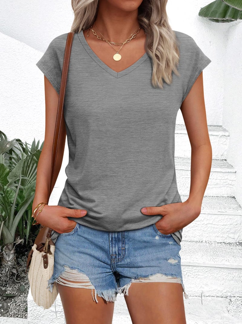 AUTOMET V Neck T Shirts for Women Spring Summer Fall Tops Teacher Work Business Dressy Casual Blouses Basic Tees Boho Fashion Grey L - Image 3