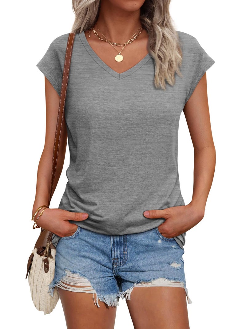 AUTOMET V Neck T Shirts for Women Spring Summer Fall Tops Teacher Work Business Dressy Casual Blouses Basic Tees Boho Fashion Grey L - Image 1