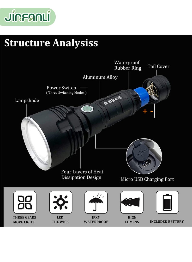 JINFANLI High brightness medium size flashlight, rechargeable and replaceable battery, 3 levels of dimming and low battery warning, aluminum alloy material, IPX5 waterproof, drop-proof, durable and long battery life, suitable for outdoor emergency, ideal gift for men - Image 4