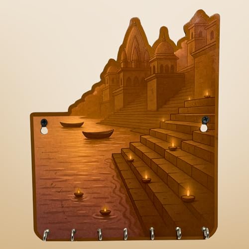 Maefele Banaras Ghat-Inspired MDF Key Holder – UV Printed Wooden Wall Hanging (9.4 x 8.6 in - Image 1