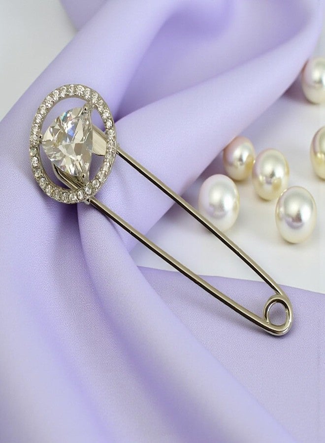 ACCESSHER Women's & Girls Silver-Plated Round American Diamond Safety Pin Brooch, Decorative Saree and Hijab Pin, Elegant Saree Pleats, Pallu & Dupatta Accessory - Image 4