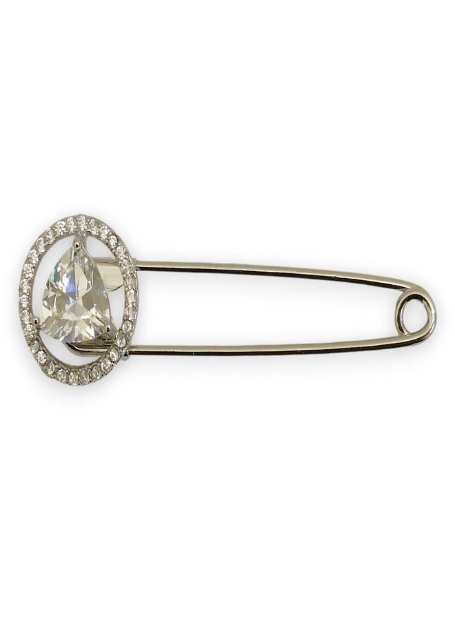 ACCESSHER Women's & Girls Silver-Plated Round American Diamond Safety Pin Brooch, Decorative Saree and Hijab Pin, Elegant Saree Pleats, Pallu & Dupatta Accessory - Image 1