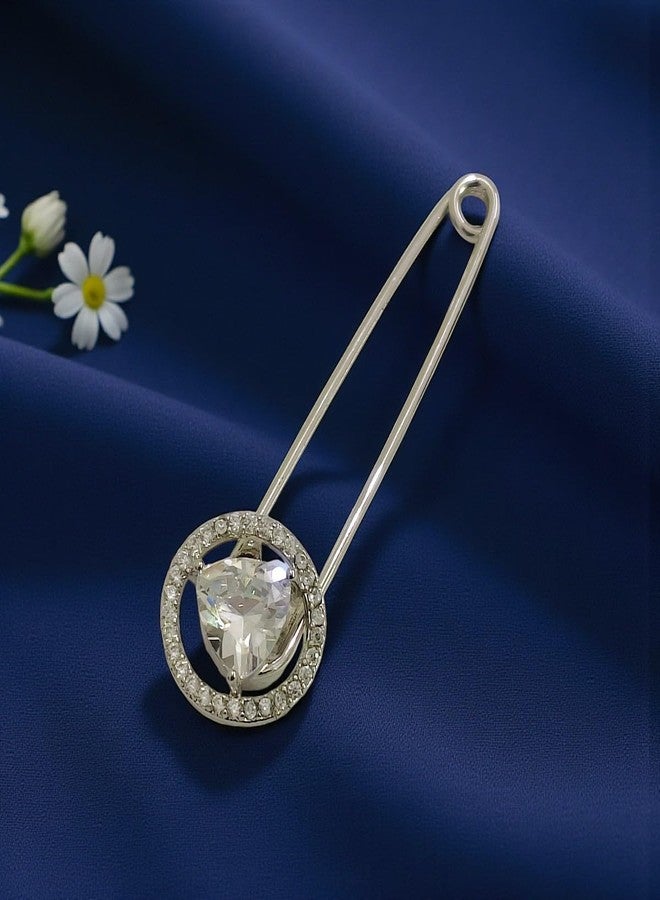 ACCESSHER Women's & Girls Silver-Plated Round American Diamond Safety Pin Brooch, Decorative Saree and Hijab Pin, Elegant Saree Pleats, Pallu & Dupatta Accessory - Image 3