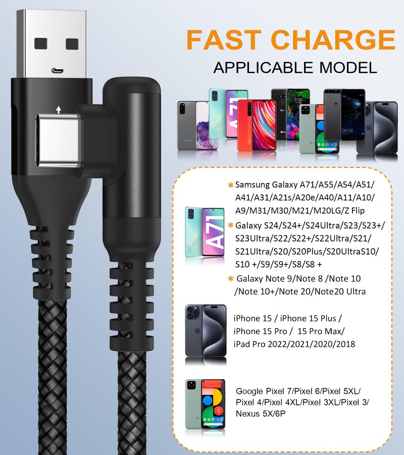 sweguard USB Type C Charger Cable Right Angle [2-Pack,10FT] 3.1A Nylon Braided Cord for iPhone 17 16 15 Pro Max Plus iPhone Air Samsung Galaxy S25 S24 S23 S22 S21 S20 Note 20 A15 Flip Pixel LG Moto - Image 5