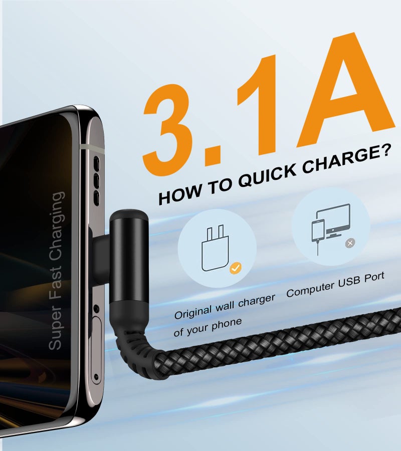 sweguard USB Type C Charger Cable Right Angle [2-Pack,10FT] 3.1A Nylon Braided Cord for iPhone 17 16 15 Pro Max Plus iPhone Air Samsung Galaxy S25 S24 S23 S22 S21 S20 Note 20 A15 Flip Pixel LG Moto - Image 2