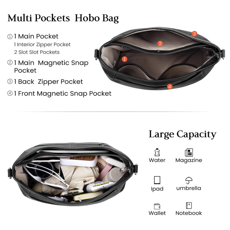 befen Genuine Leather Crossbody Bags for Women, Black Crossbody Bags Soft Real Leather Hobo Purse for Travel Designer Crossbody Purse with 2 Detachable Straps Womens Shoulder Handbag for Everyday - Image 5