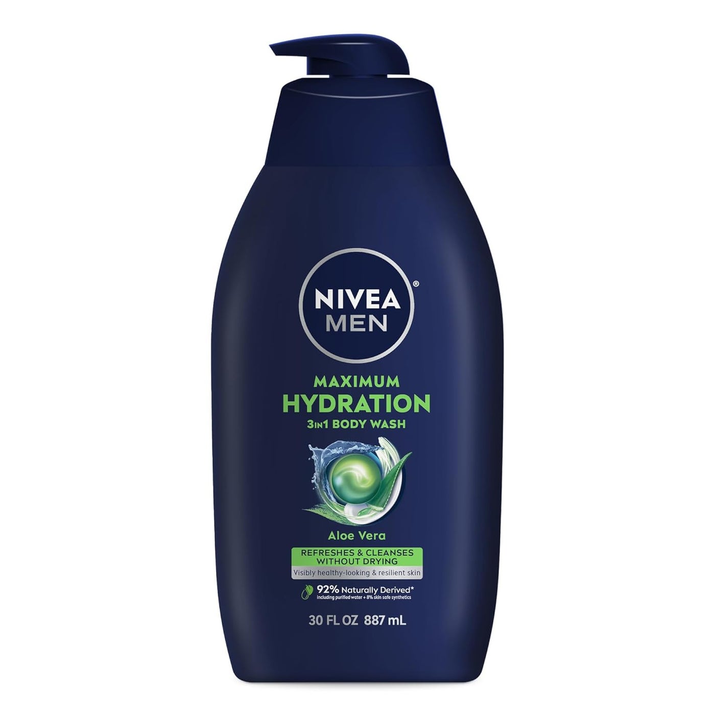 NIVEA MEN Maximum Hydration Body Wash for Dry Skin Aloe Vera Enriched 3in1 Moisturizing Body Wash Face and Hair Paraben Free Vegan Formula 30 Fl Oz Bottle