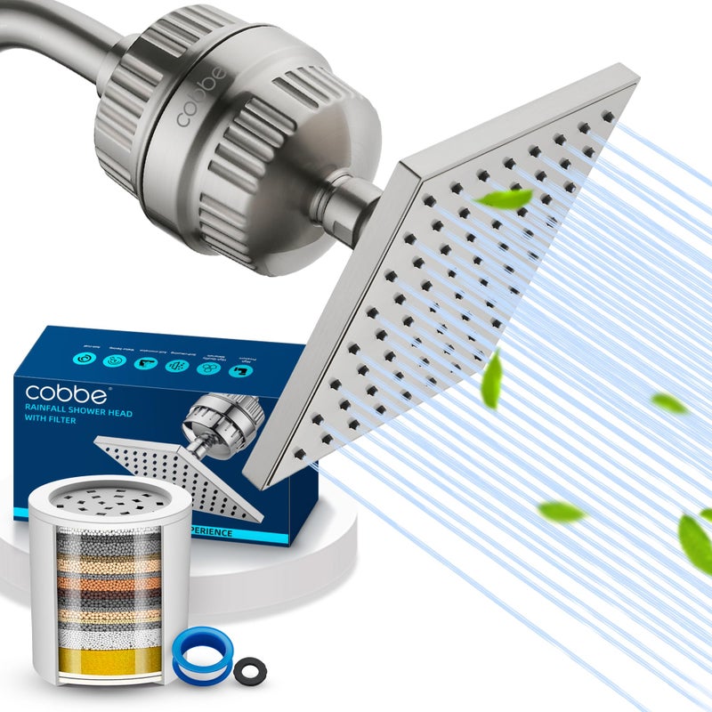 Cobbe High Pressure Filtered Shower Head Combo, Rain Shower Head with 20 Stage Shower Head Filter for Hard Water - Adjustable Replacement Remove Chlorine and Harmful Substances, Brushed Nickel - Image 1