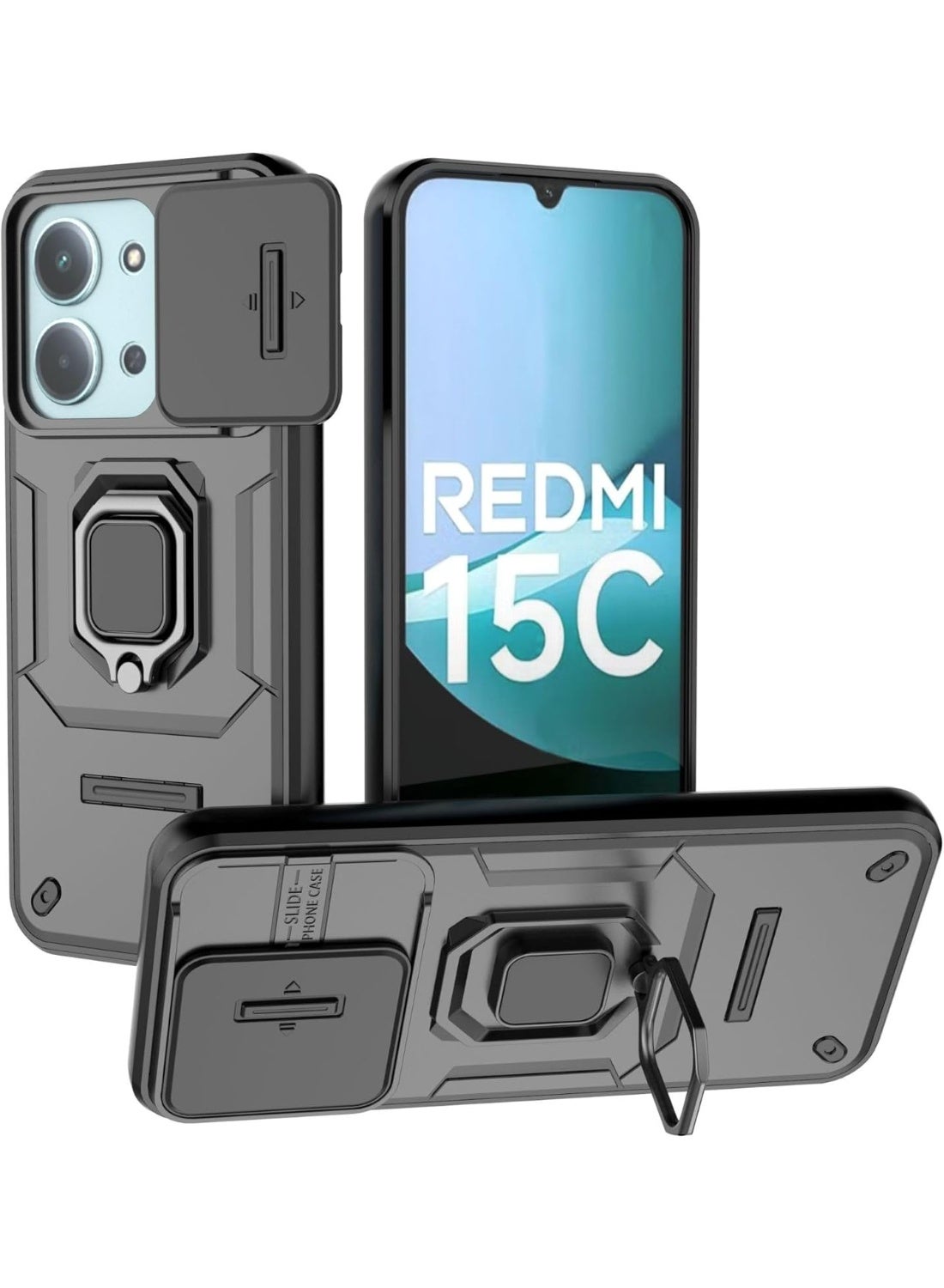 QIRG for Xiaomi Redmi 15C 4G / Poco C85 4G Case with Slide Camera Cover, Shockproof Heavy Duty Case with Magnetic Ring Kickstand - Black