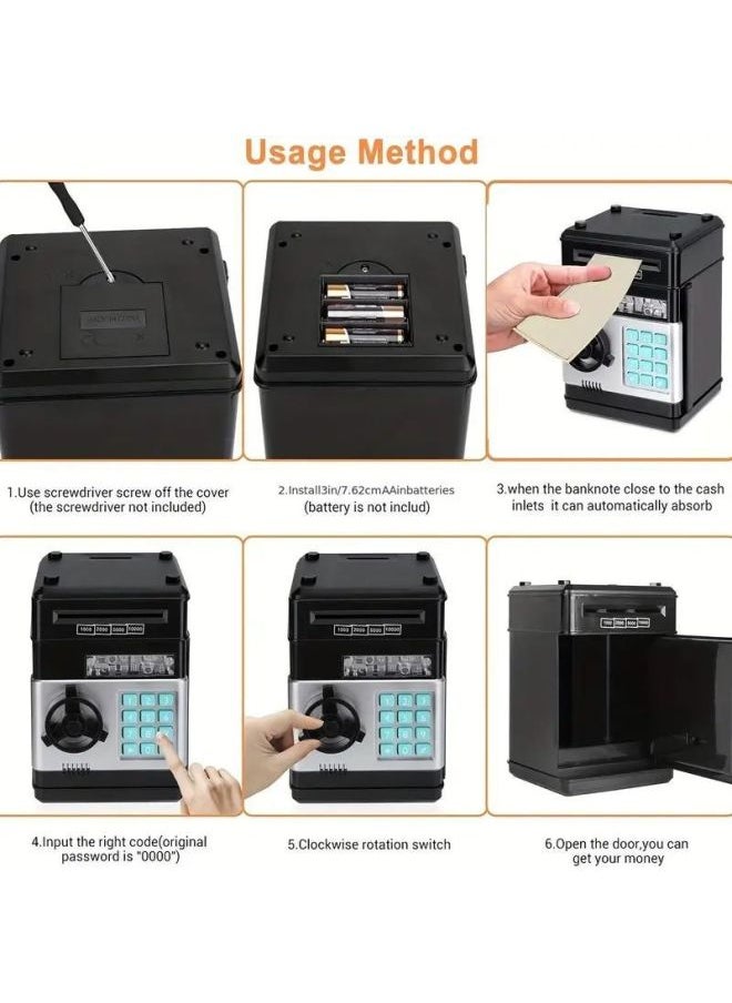 null - Children's Piggy Bank Creative Password Unlock Automatic Roll Money ATM Large Capacity Accessible Mini Safe Toy-Colour:Password Money Cabinet (black) - Image 1