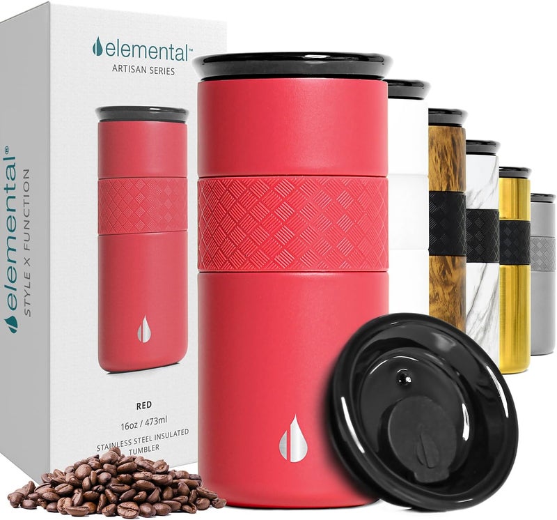 Elemental Artisan Insulated Tumbler, Triple Wall Coffee Travel Mug, Reusable Stainless Steel Coffee Tumbler with Ceramic Lid, Thermal Coffee Cups for Hot (6 Hrs) & Cold (18 Hrs), 16oz - Red - Image 1