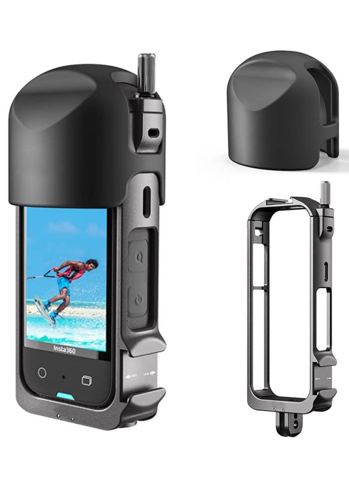 SYOSI إطار حماية من الألومنيوم وغطاء واقي للعدسات من السيليكون لكاميرا Insta360 ONE X3، قفص معدني متين مع حامل حذاء بارد، تتضمن الحزمة قفصًا معدنيًا وواقي عدسة - Image 1