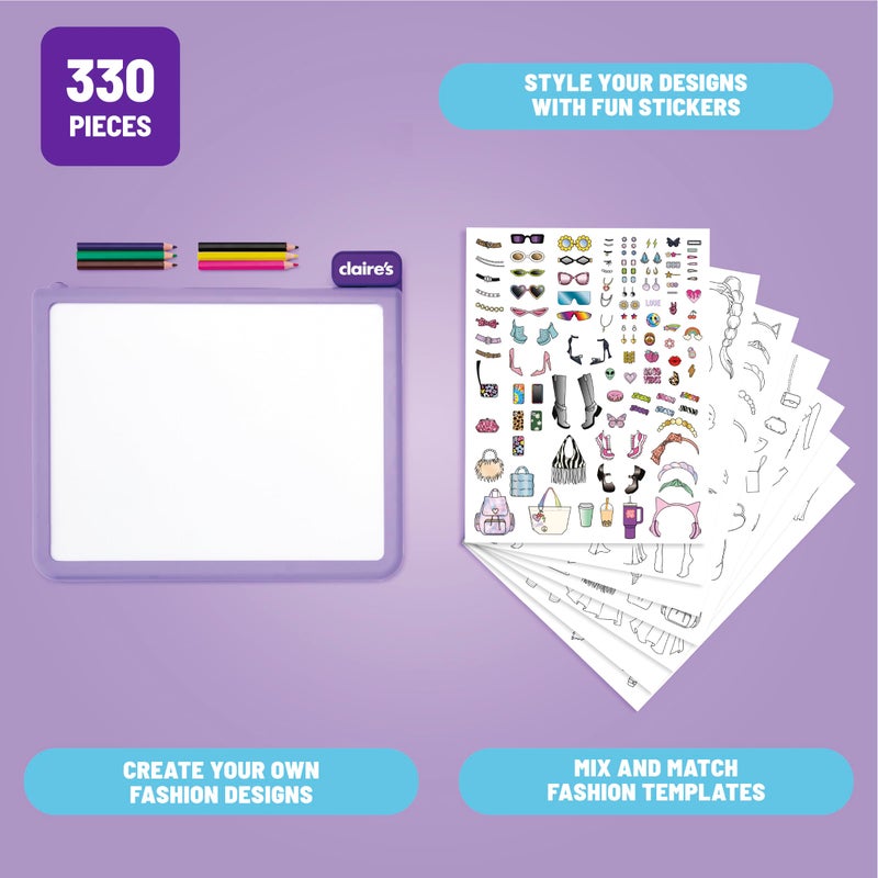claire's Claireâ€™s Light-Up Fashion Designer LED Tracing Tablet - 330-Piece Arts & Crafts Kit| Fashion Templates, Stickers, Colored Pencils & Paper| Kids Coloring & Drawing Board Activity| Girls Toy Gift|Age 8+ - Image 5