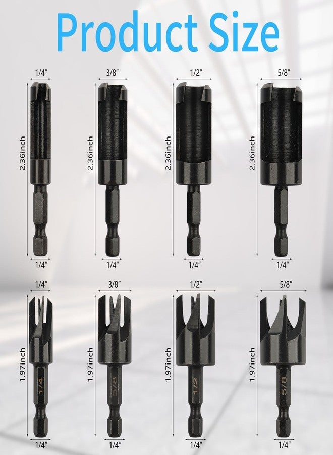 Rocaris 8 Pack Wood Plug Cutter Drill Bit Set, Straight and Tapered Taper Cutting Tool 1/4", 5/8", 3/8", 1/2", 1/4 Inch Hex Shank, Black - Image 2