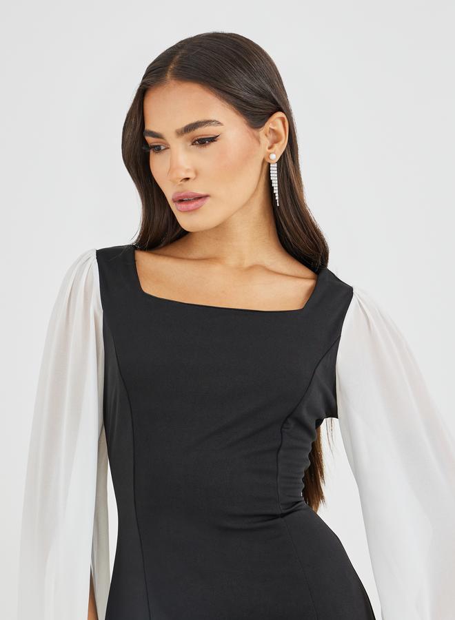 Styli Color Block Cape Sleeve Bodycon Maxi Dress - Image 4