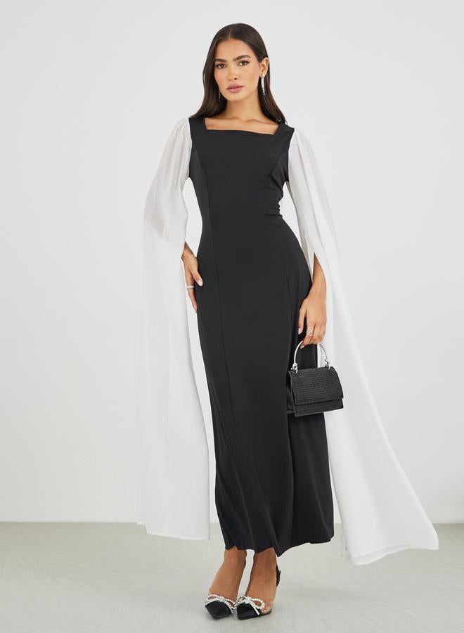 Styli Color Block Cape Sleeve Bodycon Maxi Dress - Image 1