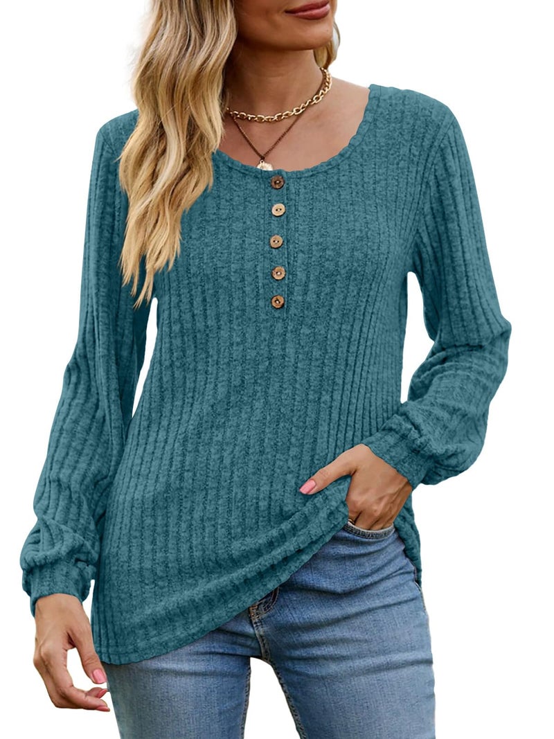 DB MOON Womens Long Sleeve Tops Lightweight Sweaters 2026 Fall Henley Shirt Casual Crewneck Loose Tunic L Lake Blue 01 - Image 4