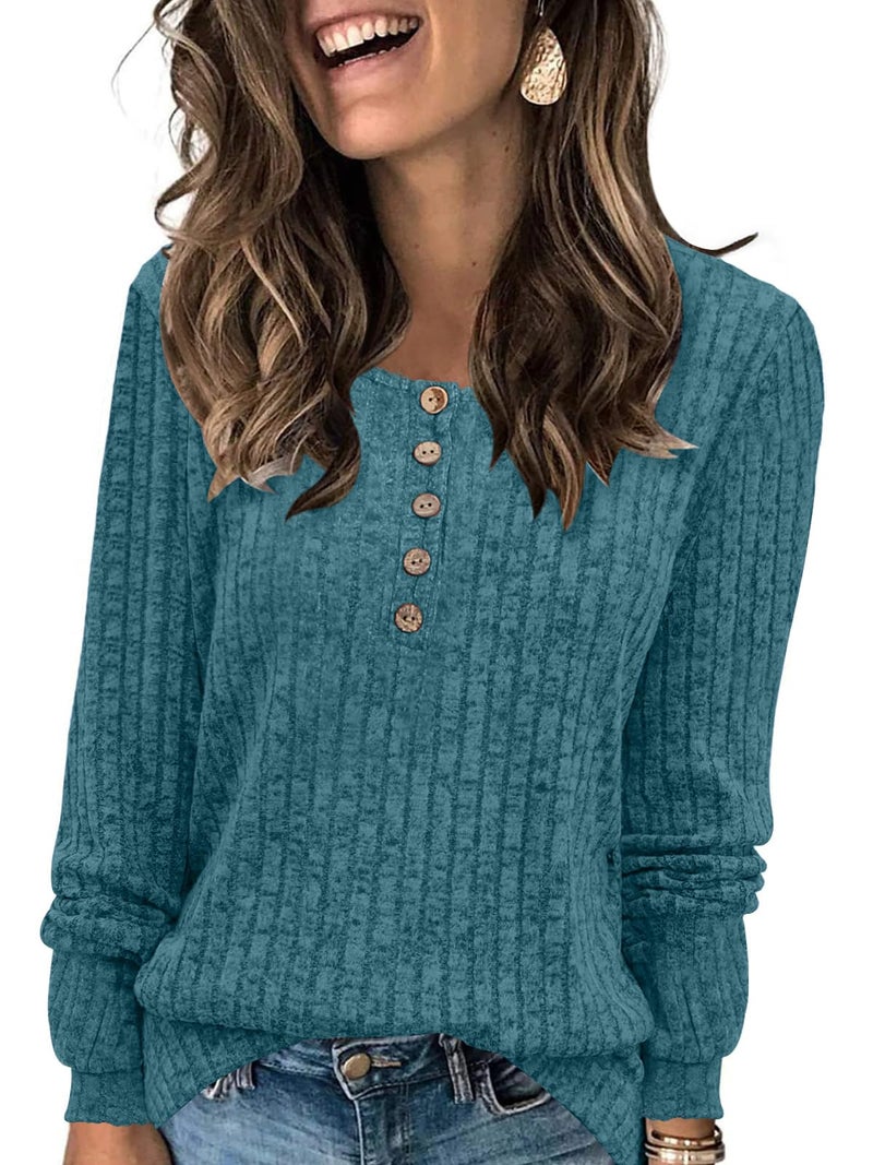 DB MOON Womens Long Sleeve Tops Lightweight Sweaters 2026 Fall Henley Shirt Casual Crewneck Loose Tunic L Lake Blue 01 - Image 1