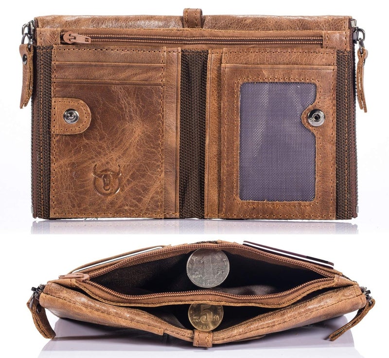 BULLCAPTAIN Genuine Leather Wallet for Men Vintage Bifold with Double Zipper Pockets (Brown) - Image 4