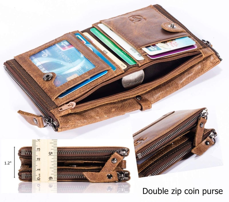 BULLCAPTAIN Genuine Leather Wallet for Men Vintage Bifold with Double Zipper Pockets (Brown) - Image 5