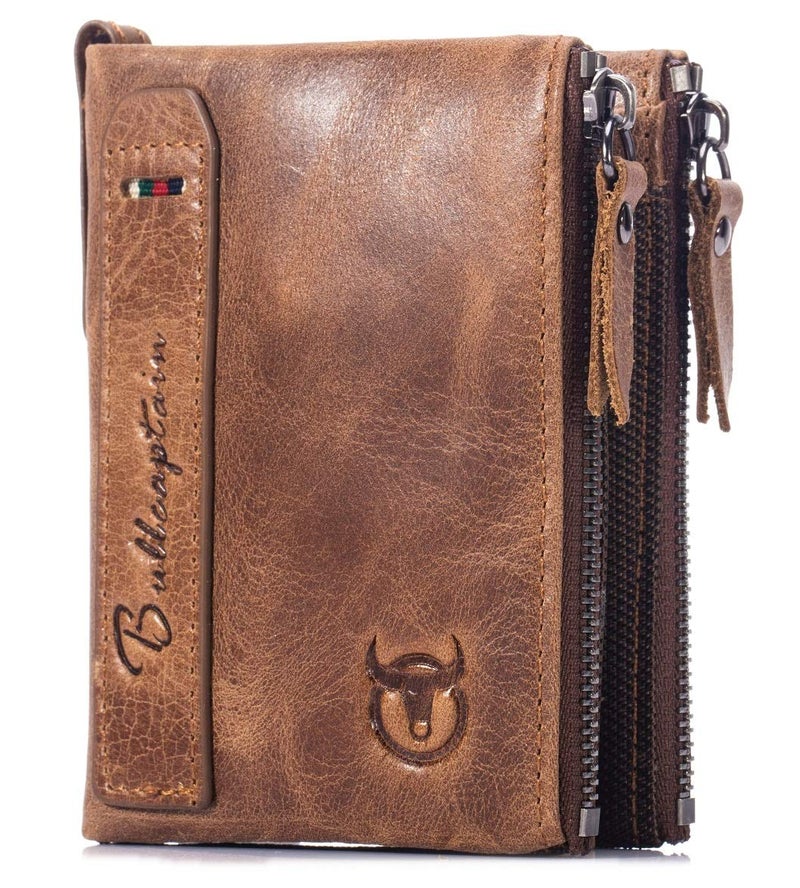 BULLCAPTAIN Genuine Leather Wallet for Men Vintage Bifold with Double Zipper Pockets (Brown) - Image 1