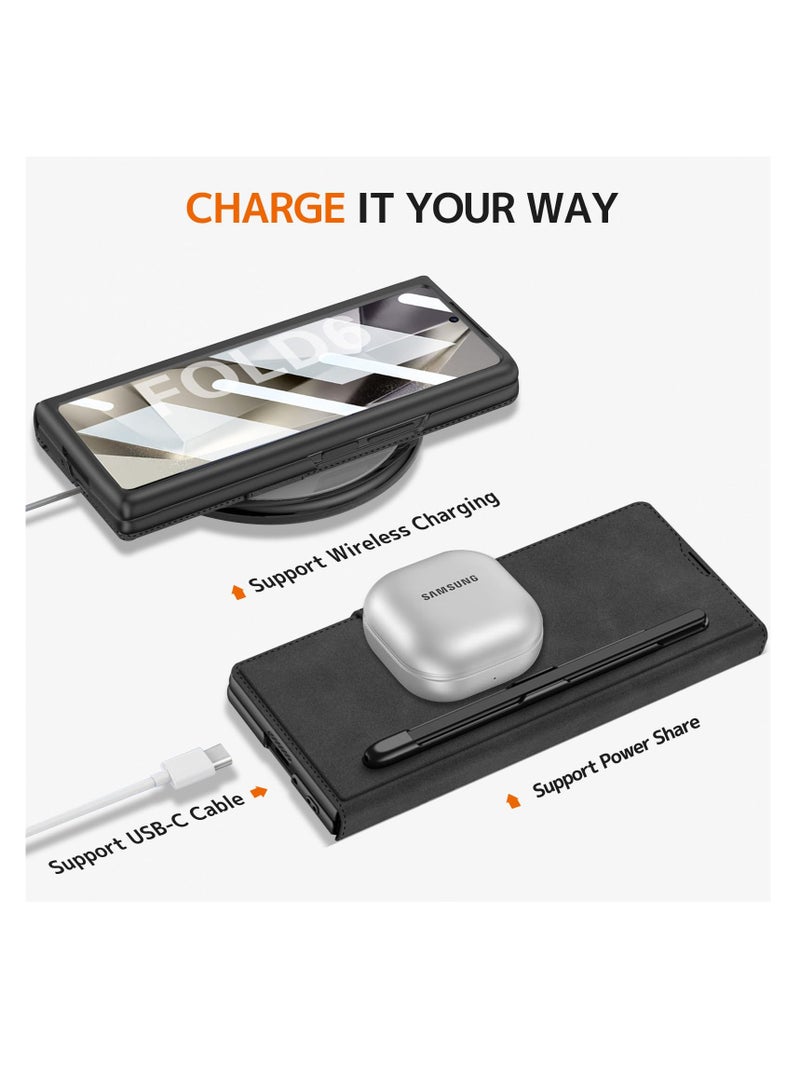 SOLARAE Compatible with Samsung Galaxy Z Fold 6 Wallet Case, With Screen protector, Hinge protective 2 Card Slots Detachable S Pen Slot Anti-Scratches Shockproof Case for Samsung Galaxy Z Fold 6 Black - Image 1