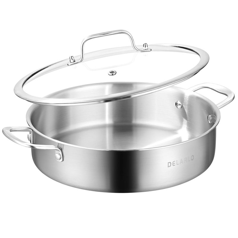 DELARLO 8QT Tri-Ply Stainless Steel Saute Pan With Lid, Jumbo Cooker 13 Inch Deep Frying Pan, Induction Large Skillet, Cooker Pan for Chefs, Dishwasher & Oven Safe - Image 1