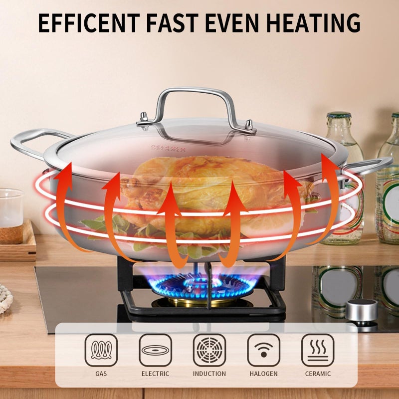 DELARLO 8QT Tri-Ply Stainless Steel Saute Pan With Lid, Jumbo Cooker 13 Inch Deep Frying Pan, Induction Large Skillet, Cooker Pan for Chefs, Dishwasher & Oven Safe - Image 3