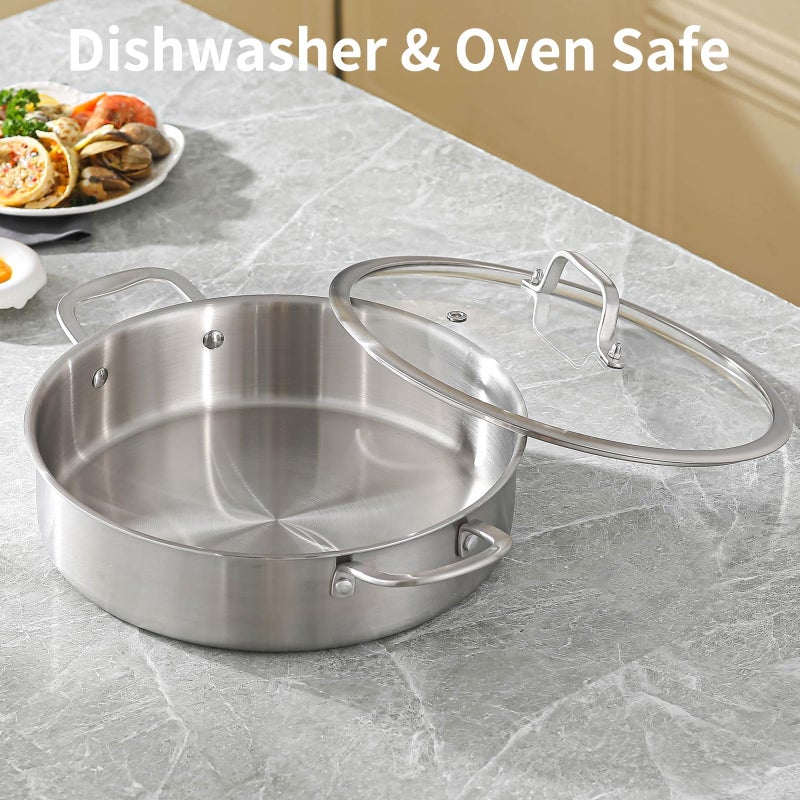 DELARLO 8QT Tri-Ply Stainless Steel Saute Pan With Lid, Jumbo Cooker 13 Inch Deep Frying Pan, Induction Large Skillet, Cooker Pan for Chefs, Dishwasher & Oven Safe - Image 5