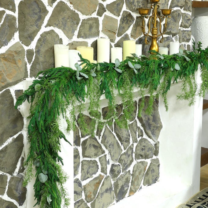 CHRISTMAS NORFOLK PINE GARLAND REALISTIC ARTIFICIAL FAUX GREENERY CEDAR GARLAND FOR MANTLE HOLIDAY INDOOR OUTDOOR FIREPLACE WINTER DECORATIONS1 PCS9 FEET