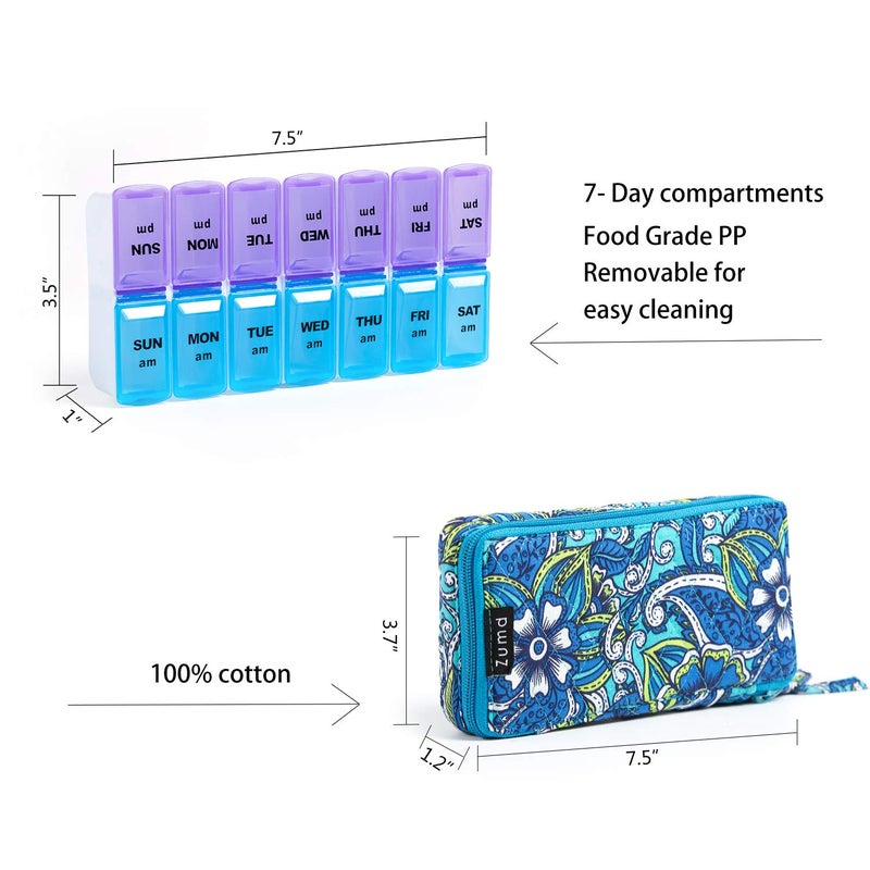ZUMD Weekly 7 Day Pill Organizer Case 2 Times a Day (AM/PM), Large Portable Pill Box 7 Day for Vitamin Medicine, Pill Case with Quilted Fabric Zipper Cute Bag for Travel or Daily - Image 2