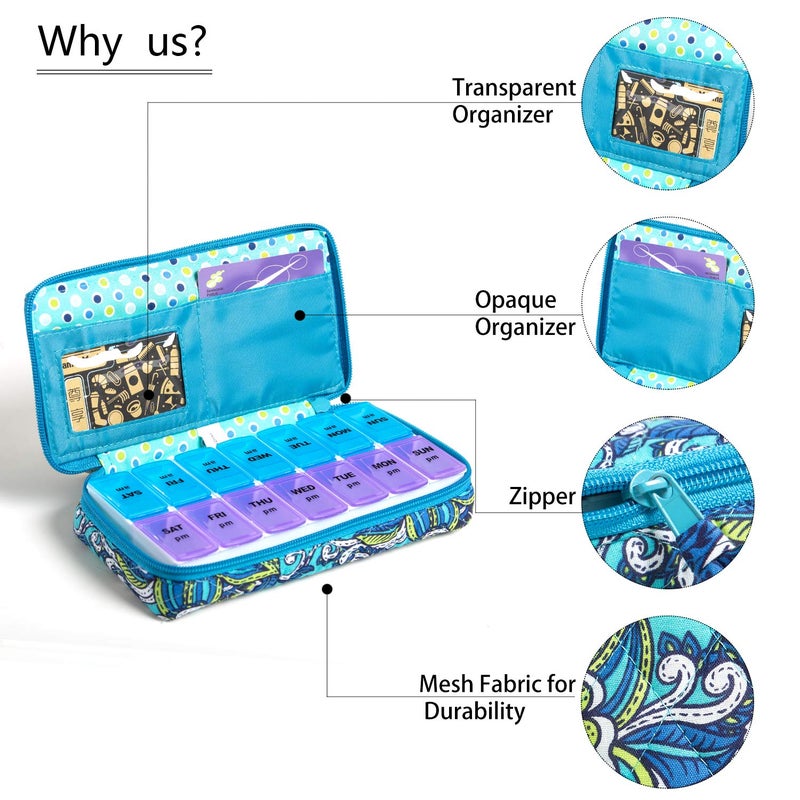 ZUMD Weekly 7 Day Pill Organizer Case 2 Times a Day (AM/PM), Large Portable Pill Box 7 Day for Vitamin Medicine, Pill Case with Quilted Fabric Zipper Cute Bag for Travel or Daily - Image 3