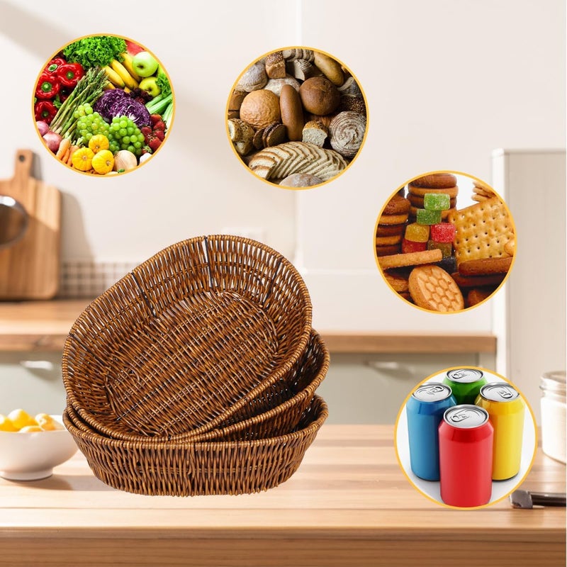 Fvstar 3pcs Poly Wicker Bread Basket,Imitation Woven Fruit Basket Tabletop Tray,Handwoven Oval Food Vegetable Baskets for Serving Display Storage Kitchen Restaurant Market Showcase (Oval) - Image 4