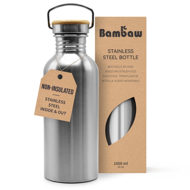 Bambaw 32 oz Water Bottle | Metal Water Bottle | Non-insulated Single Wall Stainless Water Bottle | Steel Water Bottle | Stainless Steel Water Bottles | Travel Water Bottle | 1 Liter Water Bottles - Image 1