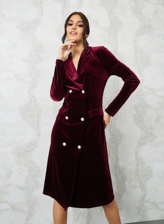 Notch Lapel Double Breasted Velvet Knee-Length Dress