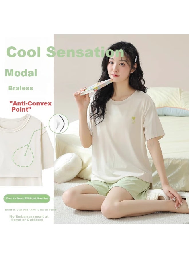 LANG SHA Langsha Women's Summer Modal Cool Feeling Pajamas Set With Chest Pad Antibacterial And Mite-proof Simple Round Neck Home Wear - Image 1