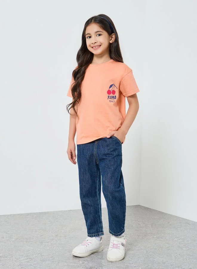 Styli Girls Peach Cherry Graphic Cotton T-Shirt