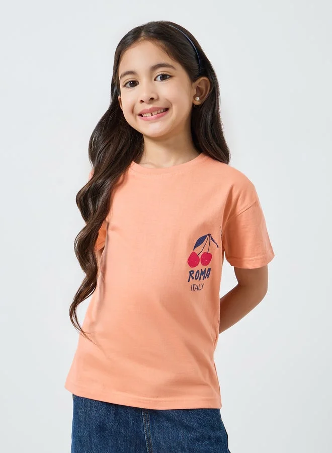 Styli Girls Peach Cherry Graphic Cotton T-Shirt