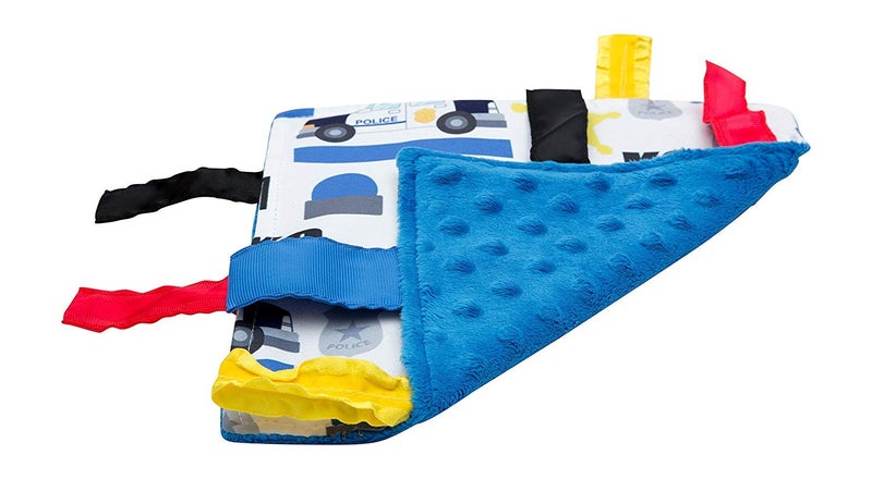 The Learning Lovey Baby Sensory Crinkle & Teething Square Lovey Toy with Closed Ribbon Tags for Increased Stimulation: 8""X8"" (Police) - Image 2