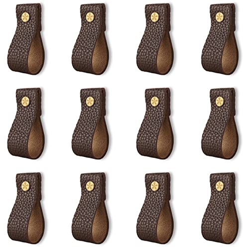 ANJUU Leather Drawer Pulls, 12 Pcs Leather Pulls Handles, Handmade Leather Knobs Cabinet Hardware Drawer Pulls for Dresser Cabinet Drawer Doors and Closet (Cocoa) - Image 1