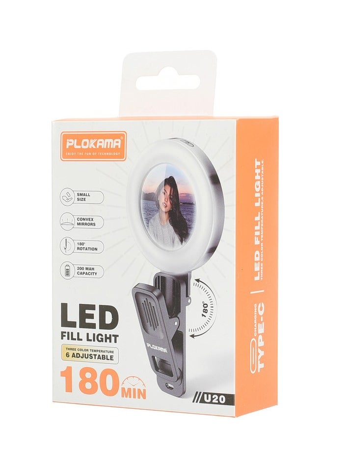التخطيط - بطارية U20 LED بقدرة 200 مللي أمبير في الساعة، 3 درجات حرارة ألوان و6 ألوان RGB قابلة للتعديل، شحن USB من النوع C، يدوم حتى 180 دقيقة، إضاءة مدمجة ومتعددة الاستخدامات للتصوير الفوتوغرافي ومقاطع الفيديو والمبدعين - أسود - Image 1