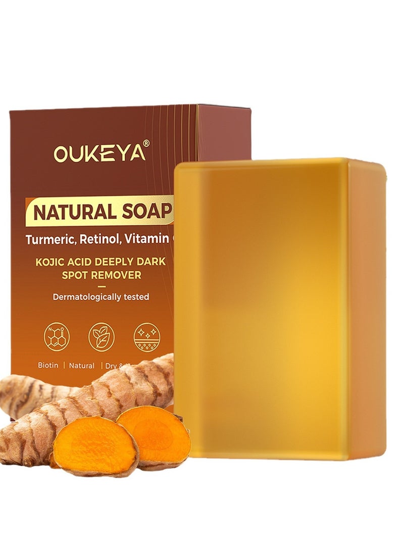 OUKEYA Turmeric Soap, Kojic Acid Dark Stain Remover Soap Turmeric Bar with Vitamin C, E, Retinol, Collagen and Shea Butter with Hyaluronic Acid, Soap for Men and Women - Image 1
