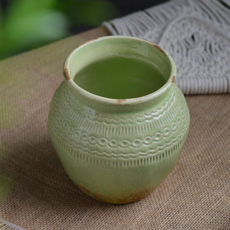 Quoowiit Ceramic Rustic Farmhouse Vase, Green Distressed Flower Vase for Home Decor, Boho Decorative Vases for Centerpiece Table Decorations, Vases for Living Room Kitchen Entryway Mantle Shelf Decor - Image 3