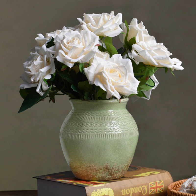 Quoowiit Ceramic Rustic Farmhouse Vase, Green Distressed Flower Vase for Home Decor, Boho Decorative Vases for Centerpiece Table Decorations, Vases for Living Room Kitchen Entryway Mantle Shelf Decor - Image 1