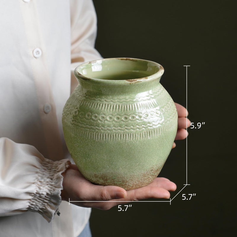 Quoowiit Ceramic Rustic Farmhouse Vase, Green Distressed Flower Vase for Home Decor, Boho Decorative Vases for Centerpiece Table Decorations, Vases for Living Room Kitchen Entryway Mantle Shelf Decor - Image 5