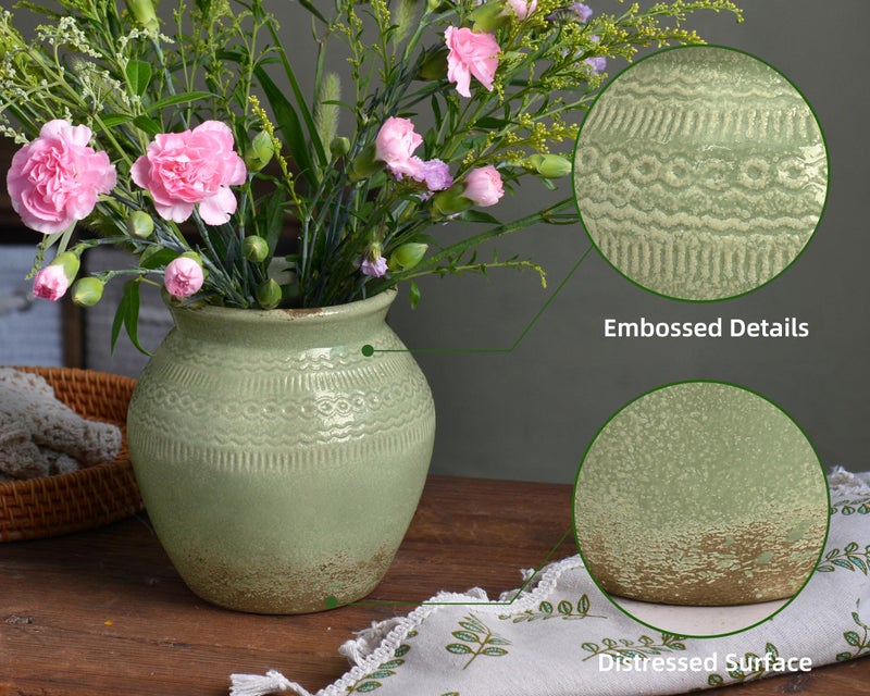 Quoowiit Ceramic Rustic Farmhouse Vase, Green Distressed Flower Vase for Home Decor, Boho Decorative Vases for Centerpiece Table Decorations, Vases for Living Room Kitchen Entryway Mantle Shelf Decor - Image 4